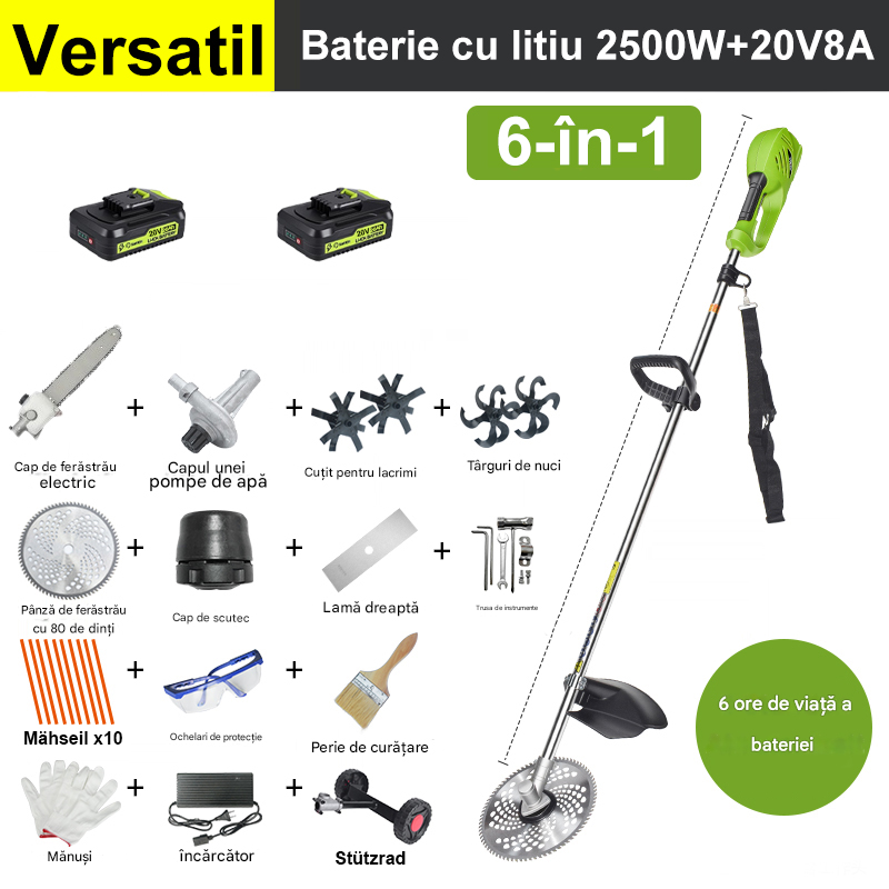 【6 în 1】2500W, 20V 8A baterii cu litiu*2, 4 ore de autonomie, cap de ferăstrău cu lanț, lamă de slăbire, lamă de șanț, pompă de apă, lamă de 80 de dinți, cap de tuns tuns, frânghie de tuns tuns*10, lamă dreaptă, roată de susținere, accesorii complete.