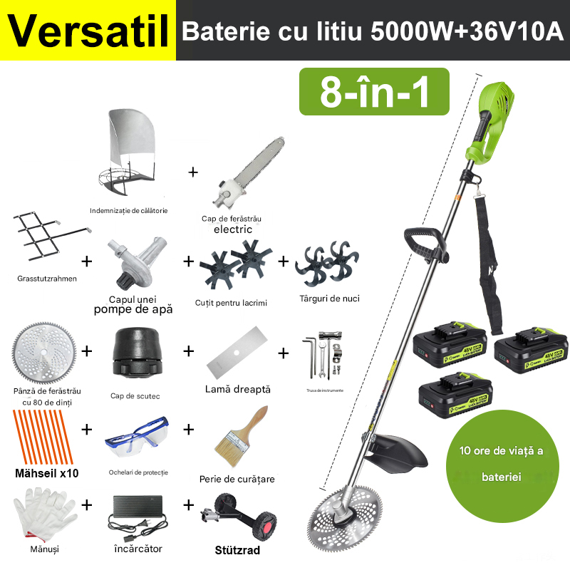 【8 în 1】5000W 36V 10A baterie cu litiu*3, durata bateriei 4 ore, cap de ferăstrău electric, cuțit de slăbire, cuțit de șanț, pompă de apă, lamă de 80 de dinți, cap de cosit, frânghie de cosit*10, lamă dreaptă, roată de sprijin, cadru suport pentru gazon, set complet de accesorii