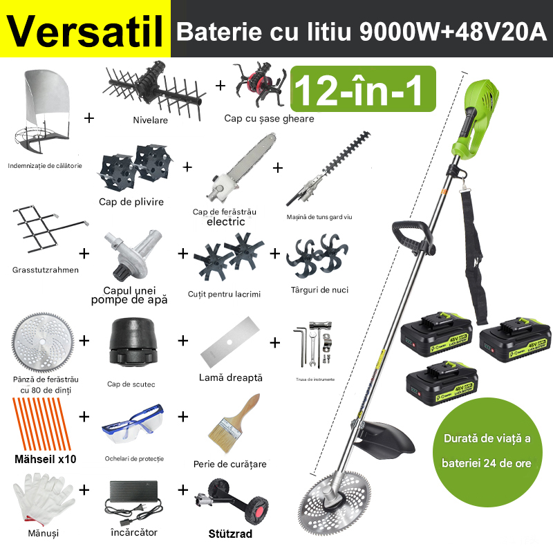 【12 în 1】9000W, 48V 20A baterie cu litiu * 3, durata bateriei 9 ore, cap de ferăstrău electric, freza, șanț, pompă de apă, lamă de 80 de dinți, cap de tuns tuns, frânghie de tuns tuns tuns * 10, lamă dreaptă, roată de sprijin, cadru suport pentru gazon, suport de tuns paie, cap de tuns, gheare de paie de accesorii
